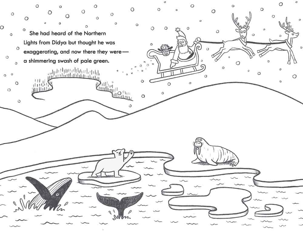 Santa's sleigh flies over a polar bear, whales and a walrus