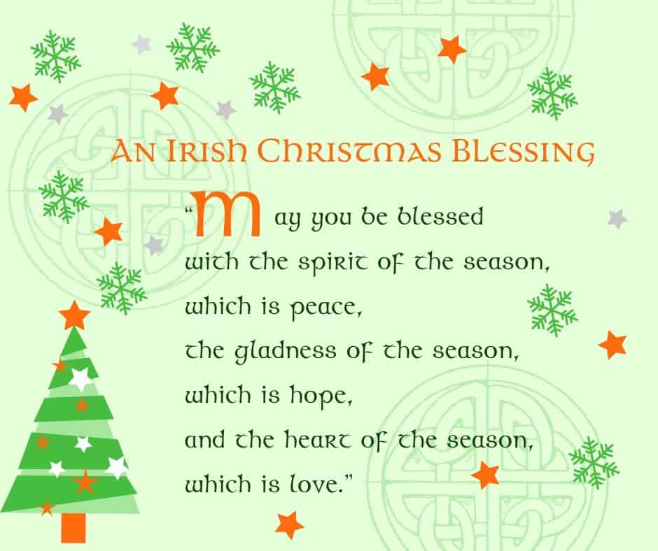 A Christmas tree and Celtic symbols adorn an Irish Christmas Blessing holiday greeting card printable