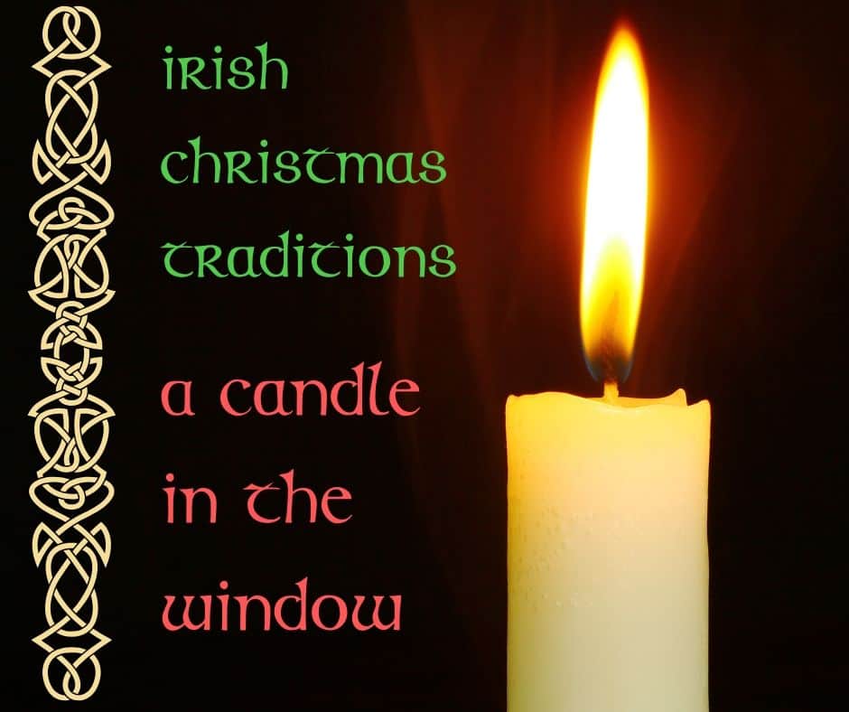 A glowing candle on a graphic with a Celtic border for Irish Christmas traditions