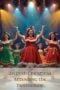Performers in red, green, and yellow Christmas dresses dance on a lit stage; poster reads 'An Irish Christmas Attending the Pantomime' at the bottom.