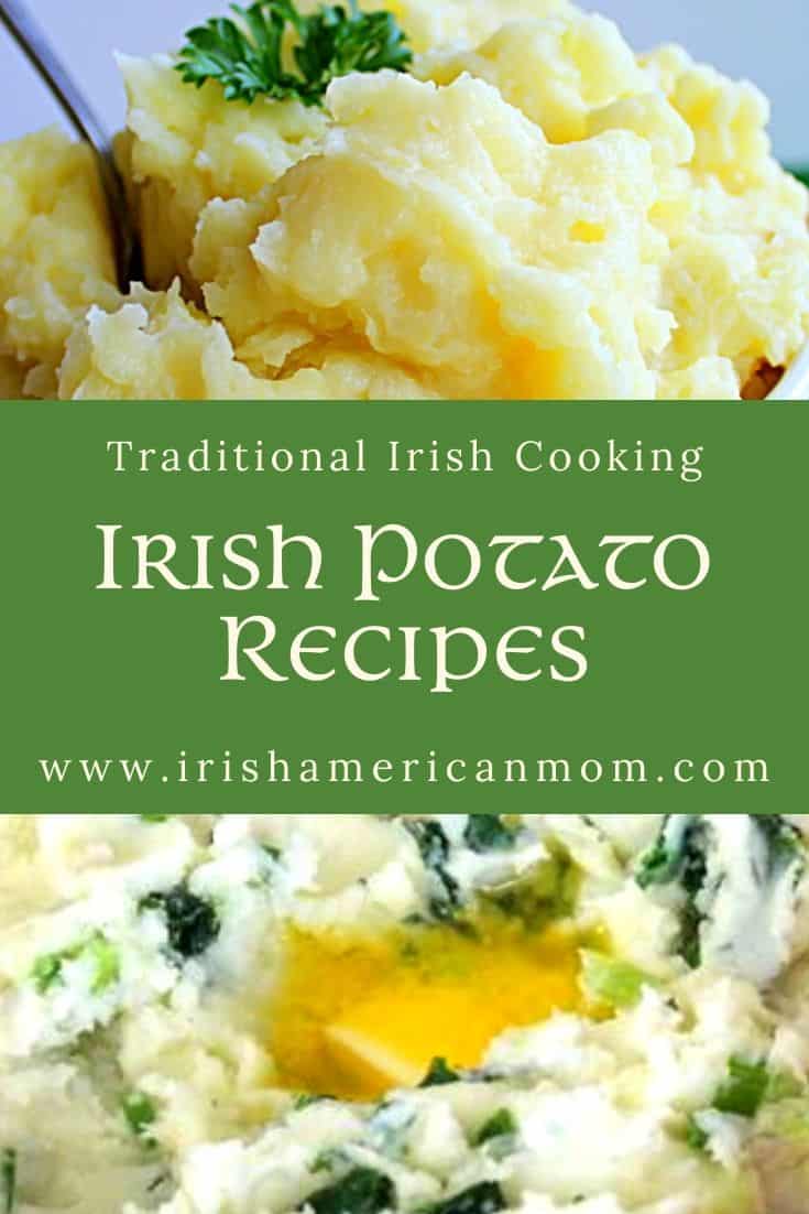 A graphic featuring two images of mashed potatoes and colcannon for Irish Potato recipes plus text