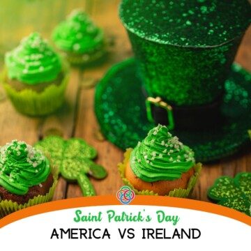 Green hat, shamrocks and cup cakes with text banner