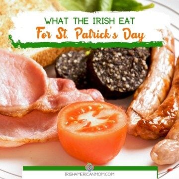 Breakfast sausage, bacon, tomato and pudding with text banner