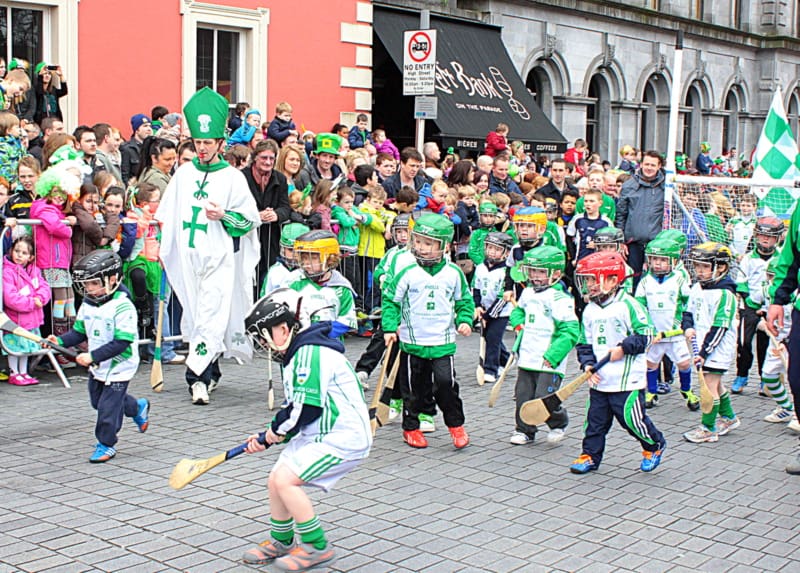 Saint Patrick's Day Parade in Kilkenny with young hurlers displaying their skills | Irish American Mom A group of people standing in front of a crowd