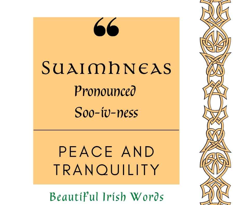 Graphic for the Irish word suaimhneas with a golden square and a Celtic knot border