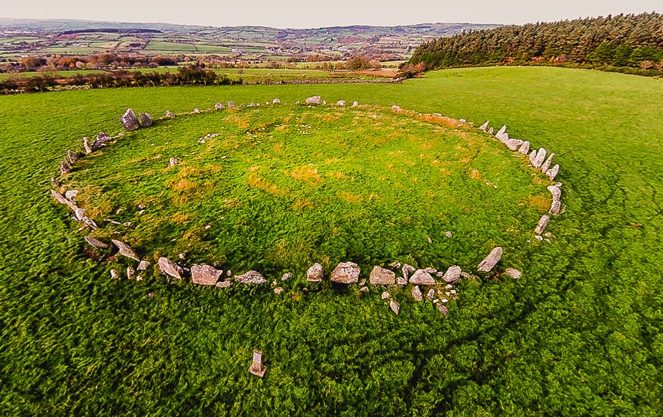 Looking down on the Beltany Stone Circle | Irish American Mom Aerial view of a stone circle in a field in Ireland