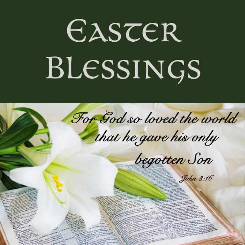 Easter Blessings For God So Loved The World | Irish American Mom Text on a graphic with a lily and bible