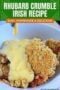 Bowl of rhubarb crumble with custard beneath a text banner in green with cream typography and an amber subline banner.
