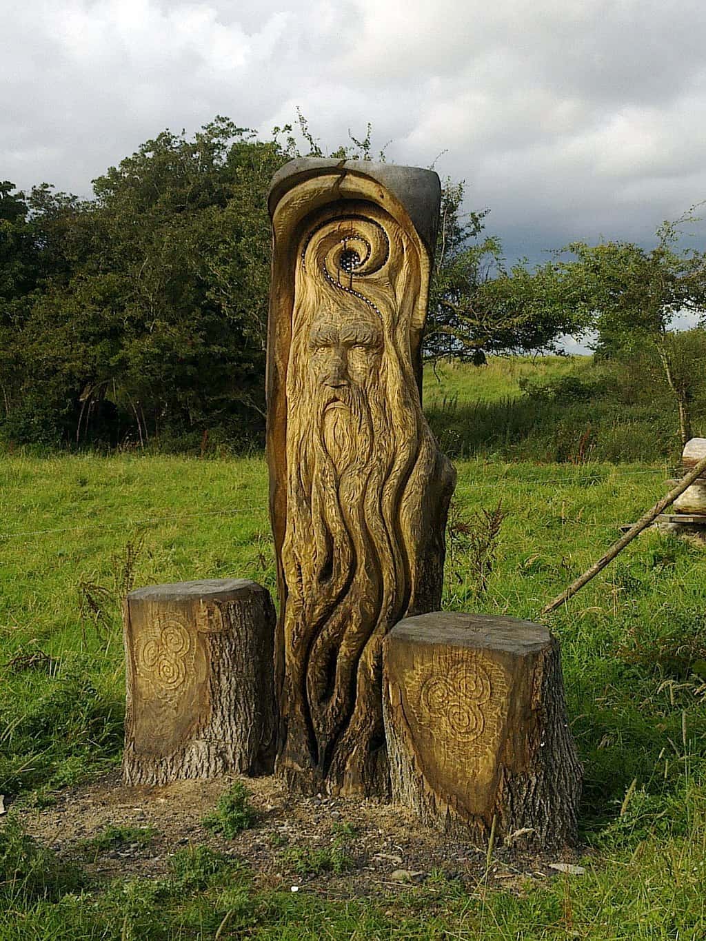 A wood carving of a bearded Celtic God found at the Hill of Uisneach in Ireland