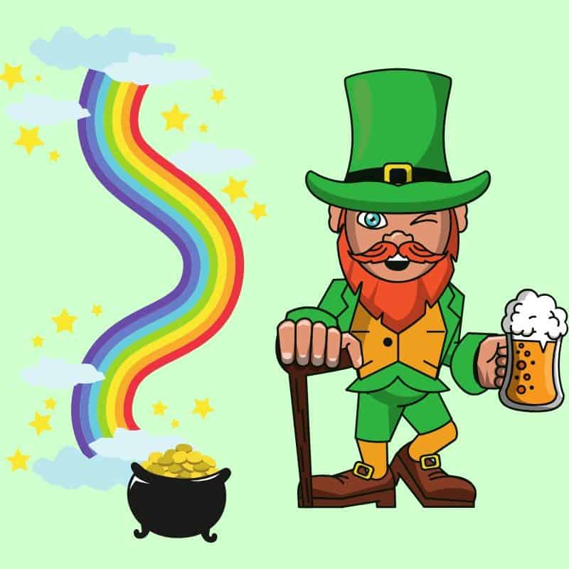 Leprechaun with shillelagh and beer | Irish American Mom Graphic with a shillelagh wielding beer holding leprechaun beside a rainbow and a pot of gold