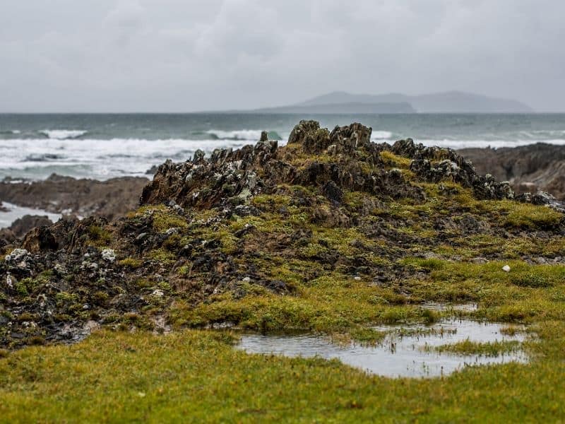 A rocky beach next to a body of water