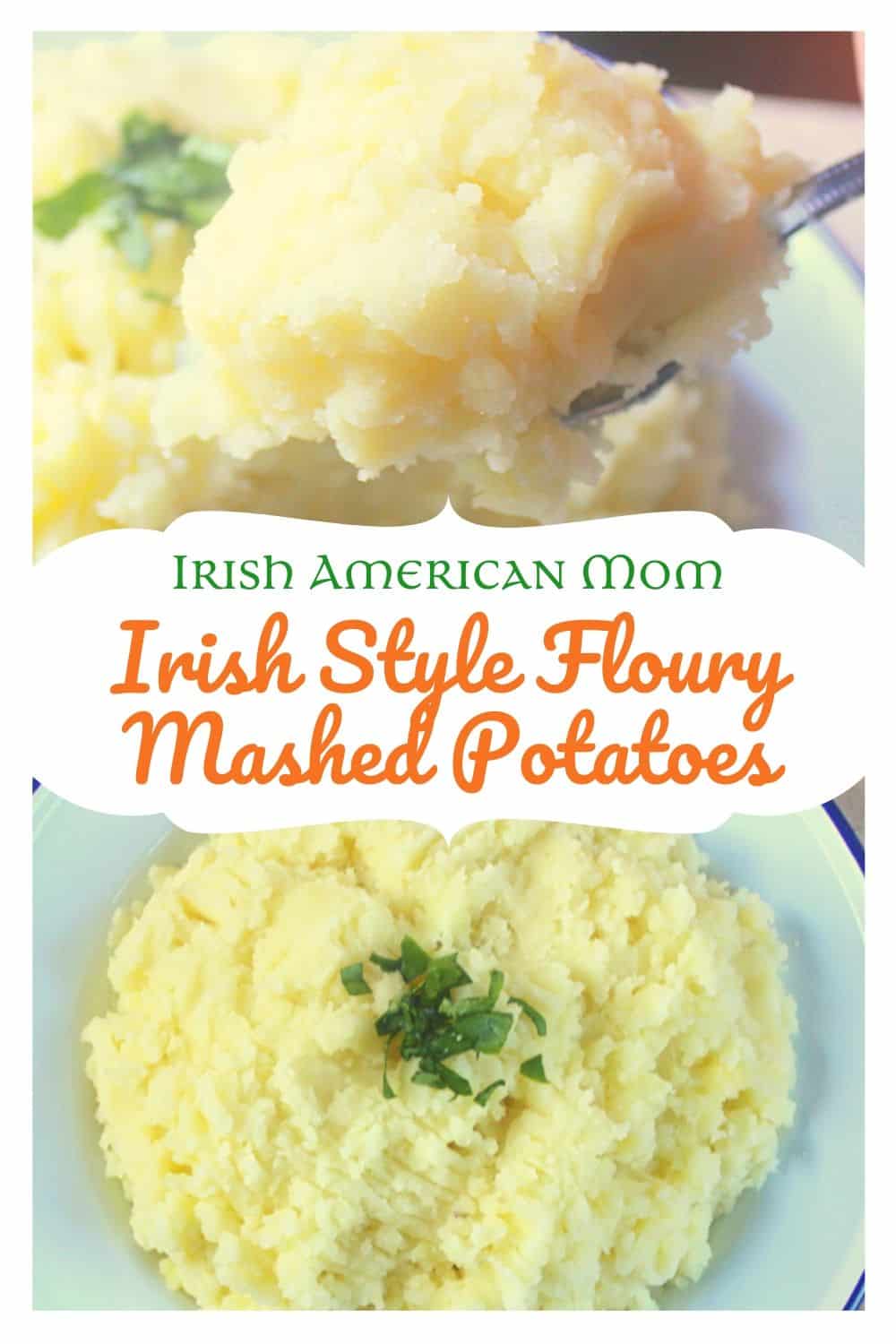 A spoon of floury mashed potatoes plus a bowl of mashed potatoes in a graphic