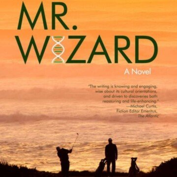 Sunset over the ocean with golfers in silhouette and with text overlay
