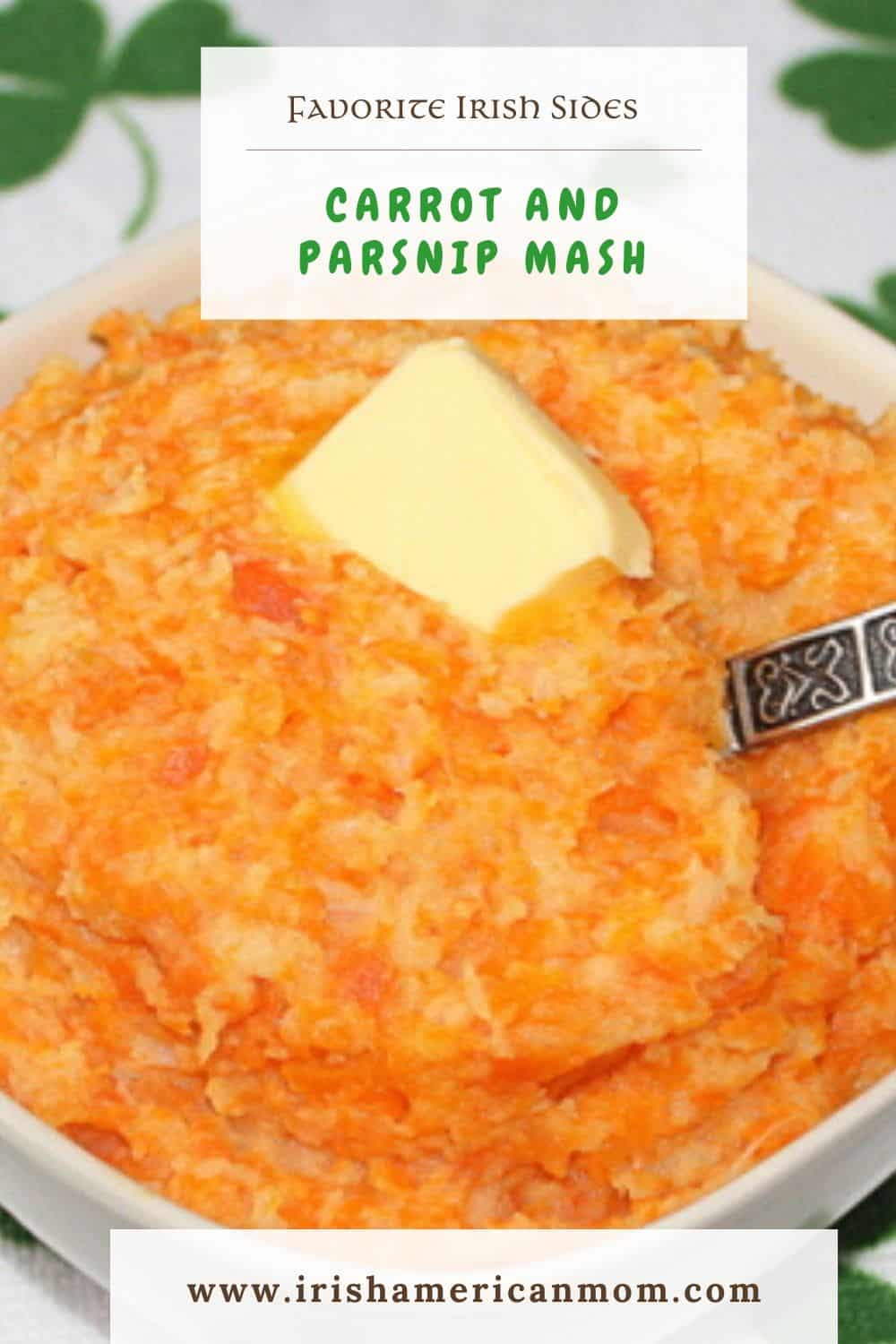 Mashed carrots and parsnips in a serving dish with a spoon