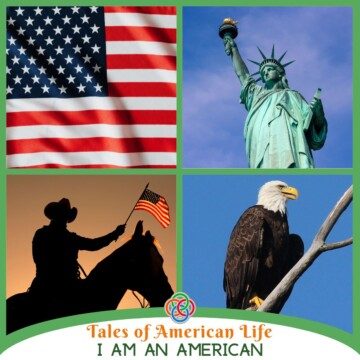 Collage of American symbols with text banner
