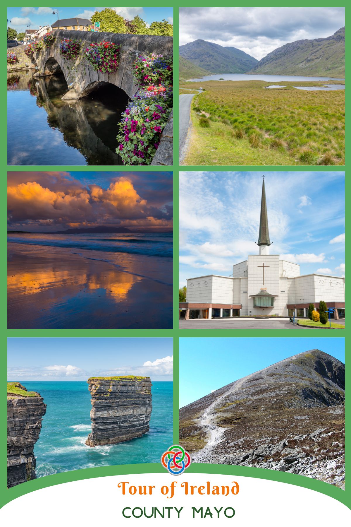 Collage of scenery and places of interest with text banner