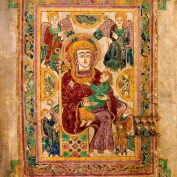 Ornately illustrated picture from the Book of Kells featuring Madonna and child