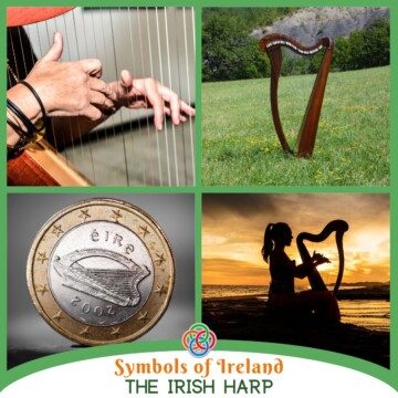 Collage featuring Irish harps plus text banner