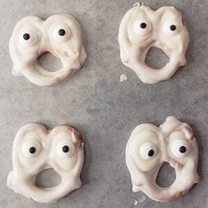 Candy eyes on white chocolate covered pretzels