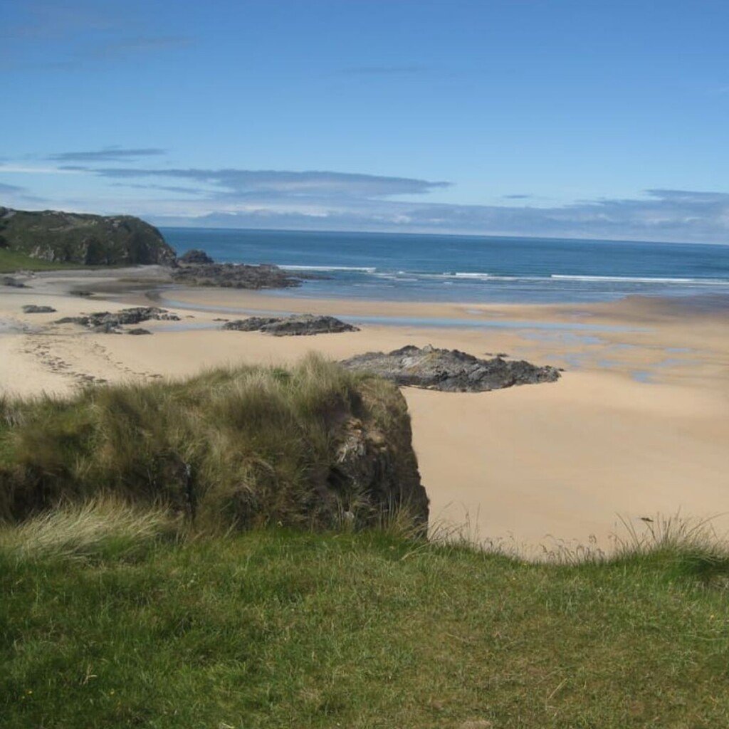 A sandy beach beside grass covered sand dunes