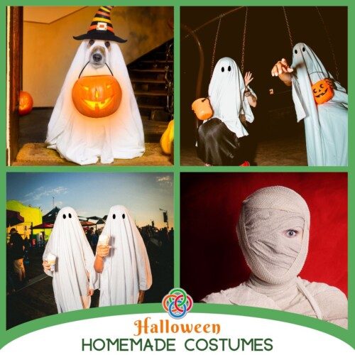 Collage of Halloween costumes with text banner