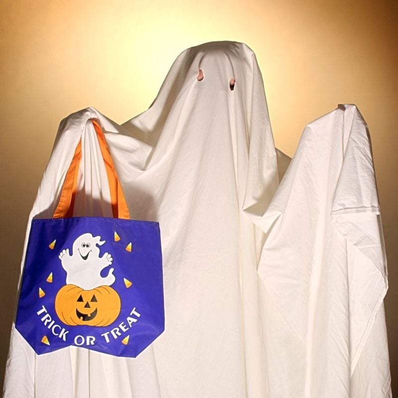 Homemade ghost costume | Irish American Mom A sheet used as a ghost costume with eyes cut out while the person holds a trick or treat bag aloft