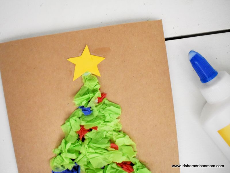 tissue paper christmas tree star | Irish American Mom A yellow paper star on a tissue paper Christmas tree card made with brown stock card paper