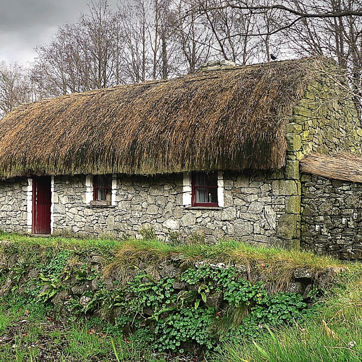 A stone cottage with a thatched roof | Irish American Mom A cottage with exposed stone walls and a thatched roof in a green overrun garden