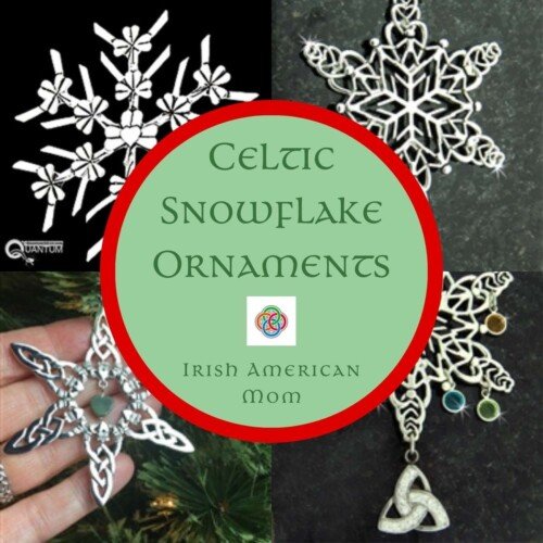 Four picture collage featuring silver snowflake ornaments with Celtic design and text on a circular highlight box