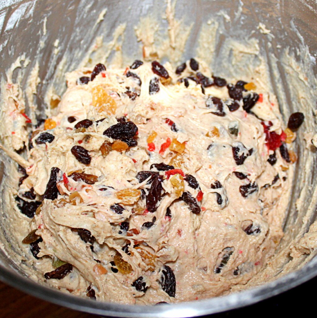 Dried fruit mixed through dough for making Irish barmbrack