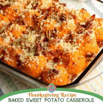 Sweet potato casserole with text banner
