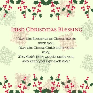 Green holly with red berries in borders around Celtic text and Celtic knot spiral designs
