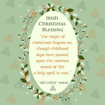 A floral bordered oval text box with Celtic script and surrounded by faded Celtic triangle designs