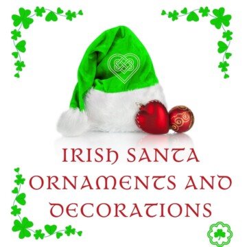 A green and white plush Santa hat with red decorations, red Celtic style text and shamrock borders