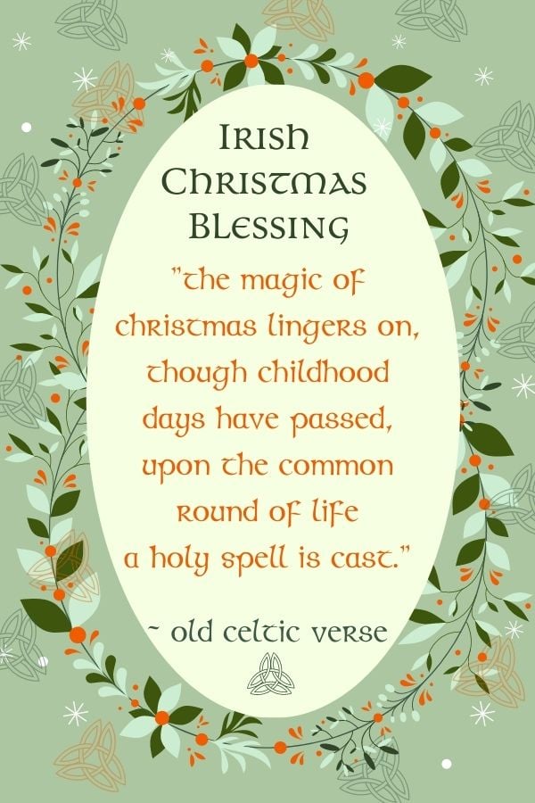 An oval text box with Celtic script text surrounded by a green background and a green white and orange floral and foliage border