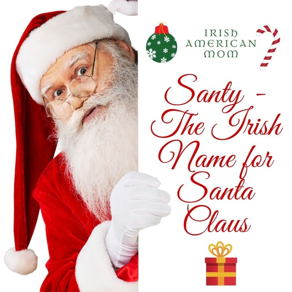 Santa Claus with a white beard peeps around a sign with red text
