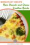Slice of ham, broccoli, and cheese crustless quiche on a plate with a fork, showing a fluffy egg texture and golden melted cheese.