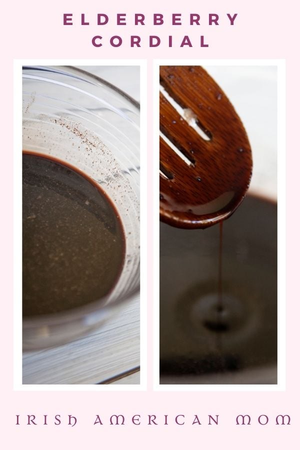 Elderberry Cordial Syrup | Irish American Mom A bowl of dark syrup plus elderberry cordial dripping from a wooden spoon with text