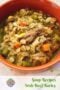 Bowl of beef barley stew with text banner