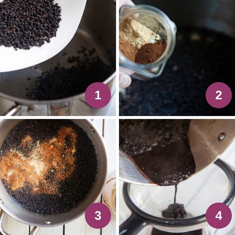 Steps to making elderberry cordial | Irish American Mom Elderberrries in a pot, spices added and then straining the syrup