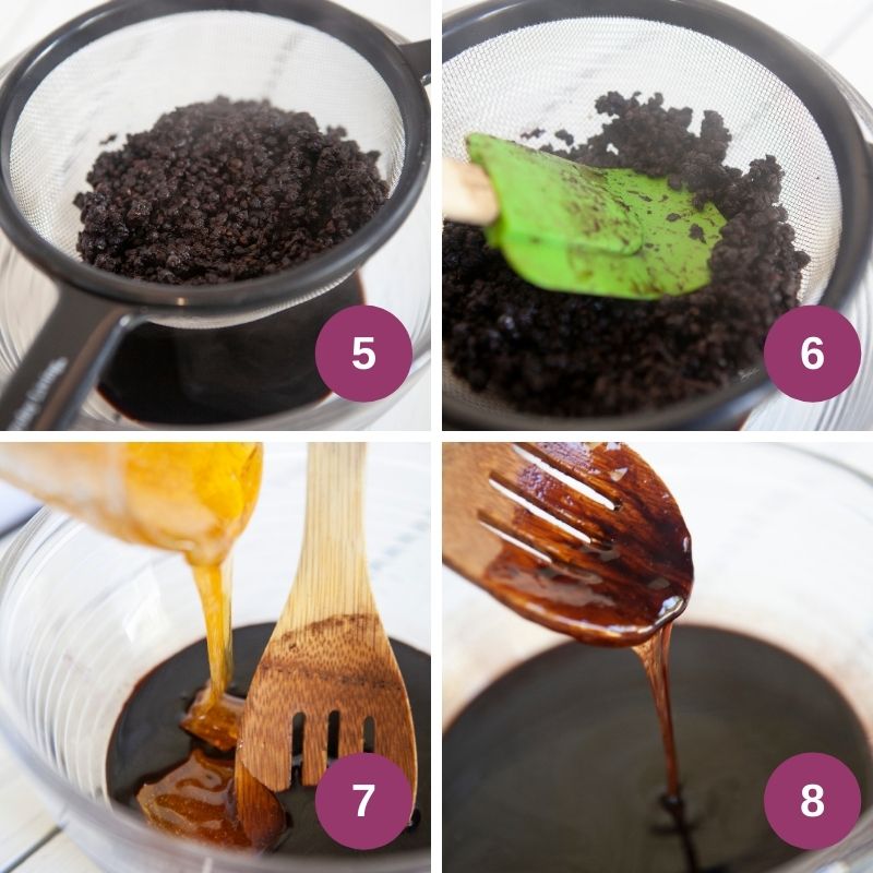 Steps to making elderberry cordial and straining it | Irish American Mom Straining elderberry syrup using a colander and spatula, and adding honey