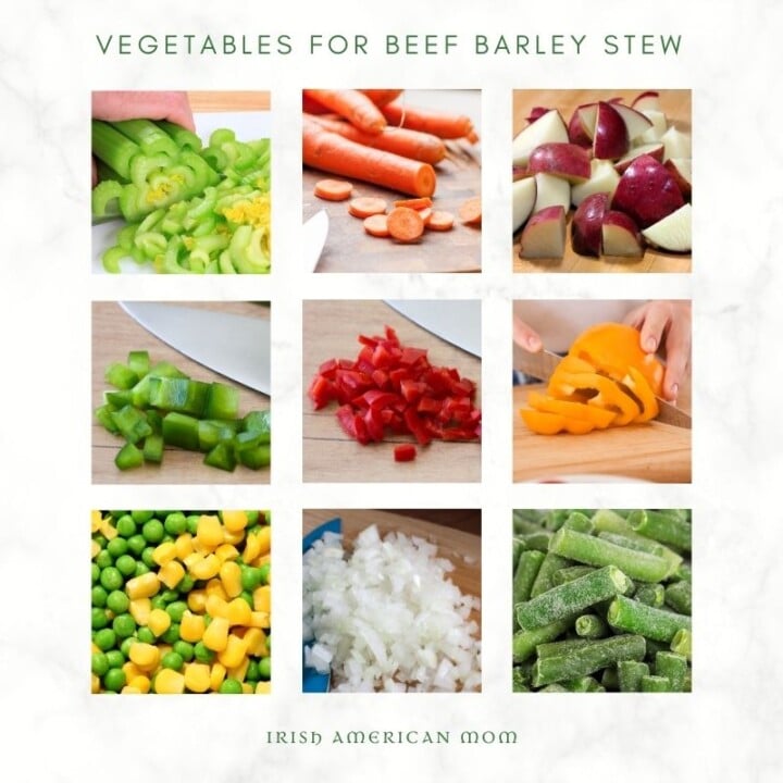 Vegetables for beef barley stew | Irish American Mom Chopped vegetables for stew in a 9 photo collage