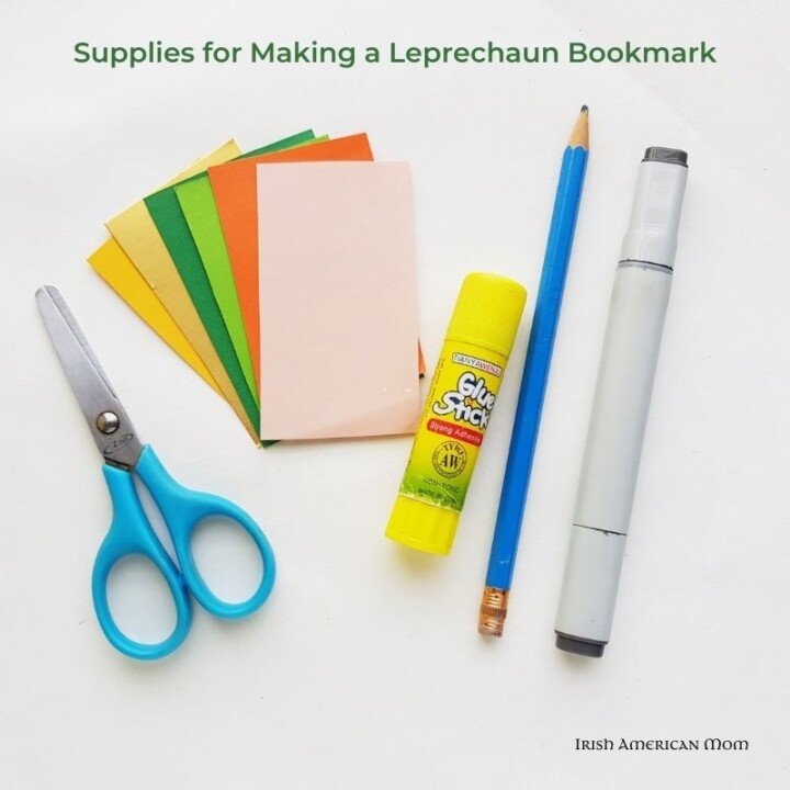 Copy of Paper cut out pieces for making a leprechaun bookmark (1) | Irish American Mom Supplies for a paper craft including card paper, scissors, glue stick, pencil and sharpie marker