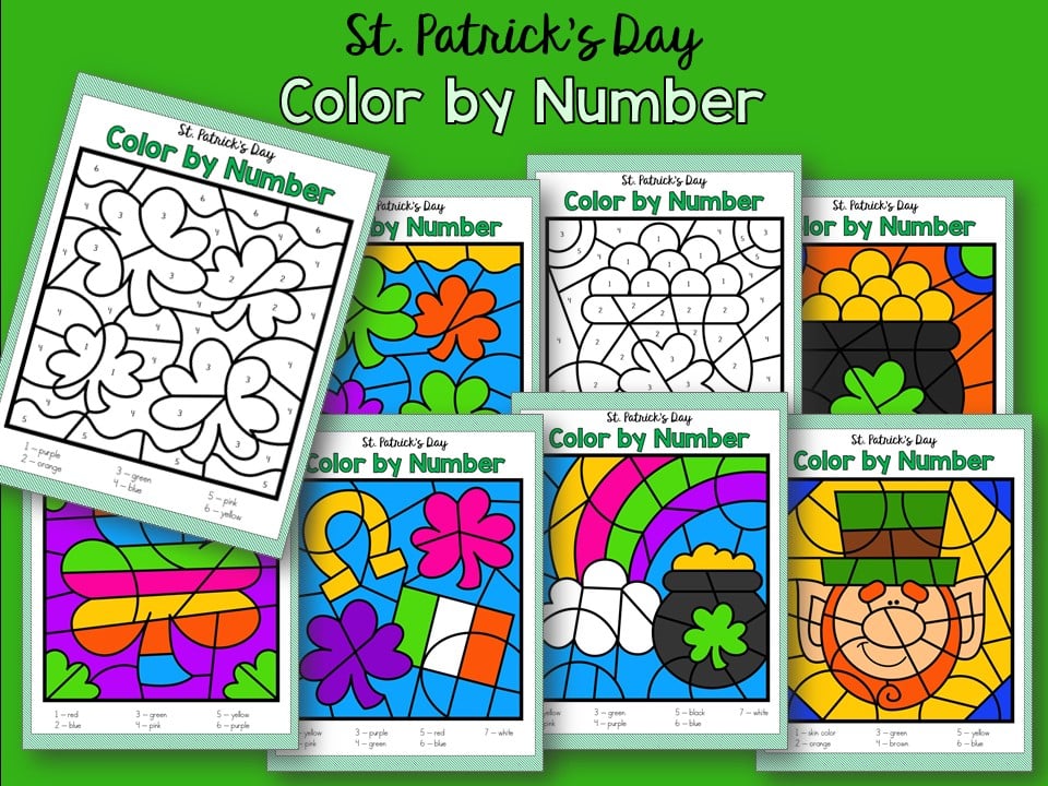 Download some Irish themed color by number activity sheets | Irish American Mom Multiple color by number sheets in a graphic with text