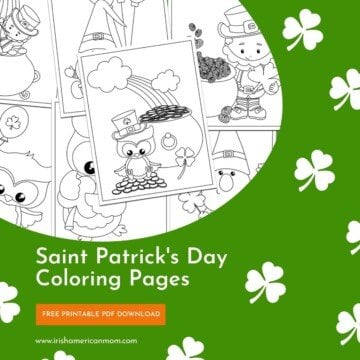 Coloring sheets on a graphic with text and shamrocks