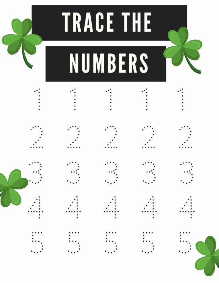 Trace the numbers worksheet with shamrock decorations