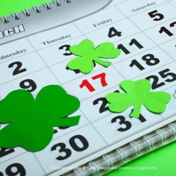 Wall calendar with March 17 in red and surrounded in shamrocks