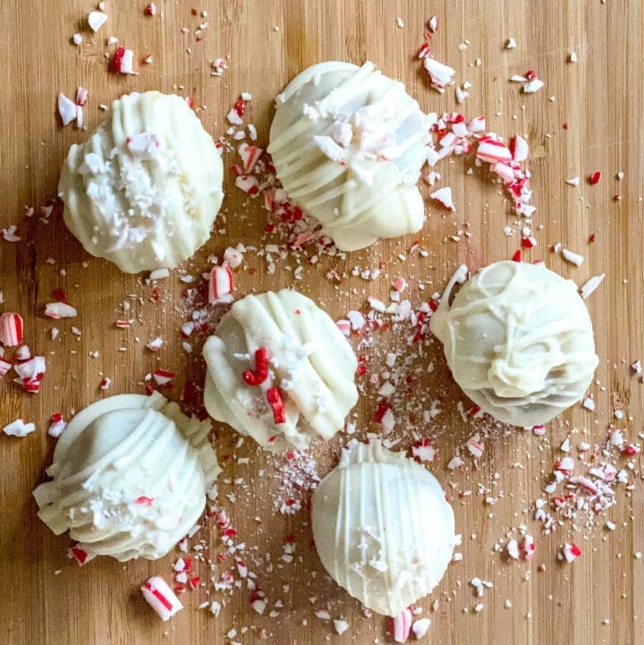 Peppermint Truffles with white chocolate | Irish American Mom Peppermint sprinkles on cake truffles