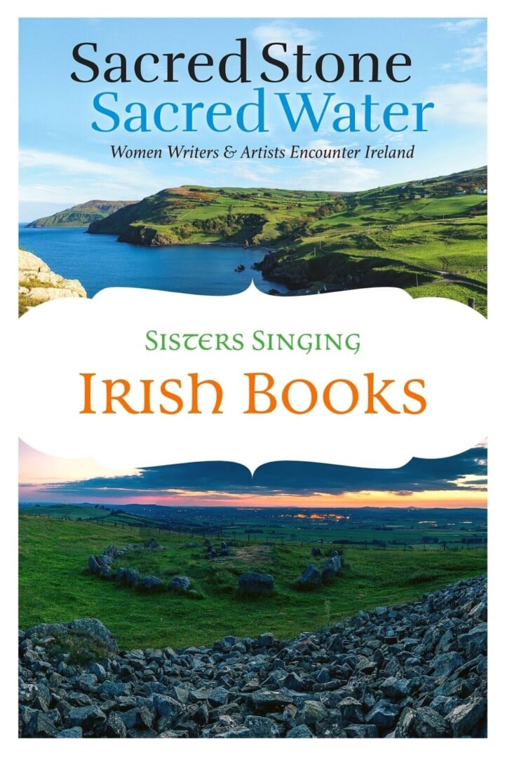 Sacred Stone Sacred Water Irish Book Pinterest Graphic | Irish American Mom Coastline and a stone circle at sunrise with text banners