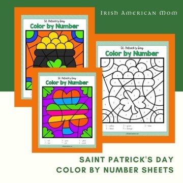 Three color by number worksheets on a graphic with text